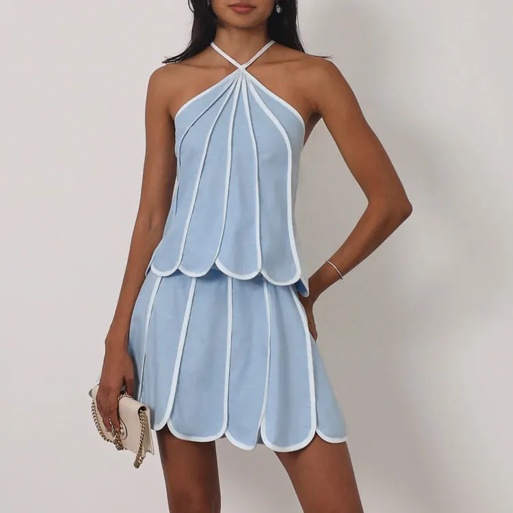 Women Fashion Design Summer Halter-Neck Sleeveless Top Mini Skirt Two-Piece Set