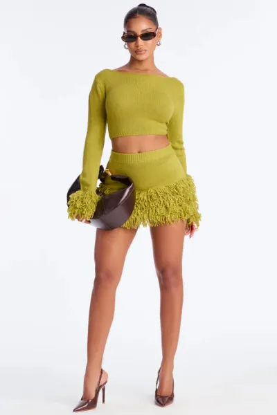 Women Fashion Sexy Autumn Solid Color Knitted Long Sleeve Crop Top Mini Tassel Skirt Two-Piece Set