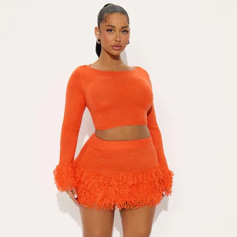 Women Fashion Sexy Autumn Solid Color Knitted Long Sleeve Crop Top Mini Tassel Skirt Two-Piece Set