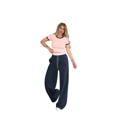 Women Fashion Casual Contrast Color Round Neck Short Sleeve T-Shirt Solid Color Wide Leg Pants Two-Piece Set