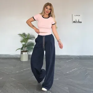Women Fashion Casual Contrast Color Round Neck Short Sleeve T-Shirt Solid Color Wide Leg Pants Two-Piece Set