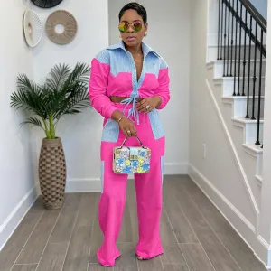 Women Fashion Casual Spring And Autumn Stripe Color Matching Long Sleeve Blouse Pants Two-Piece Set