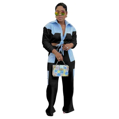 Women Fashion Casual Spring And Autumn Stripe Color Matching Long Sleeve Blouse Pants Two-Piece Set
