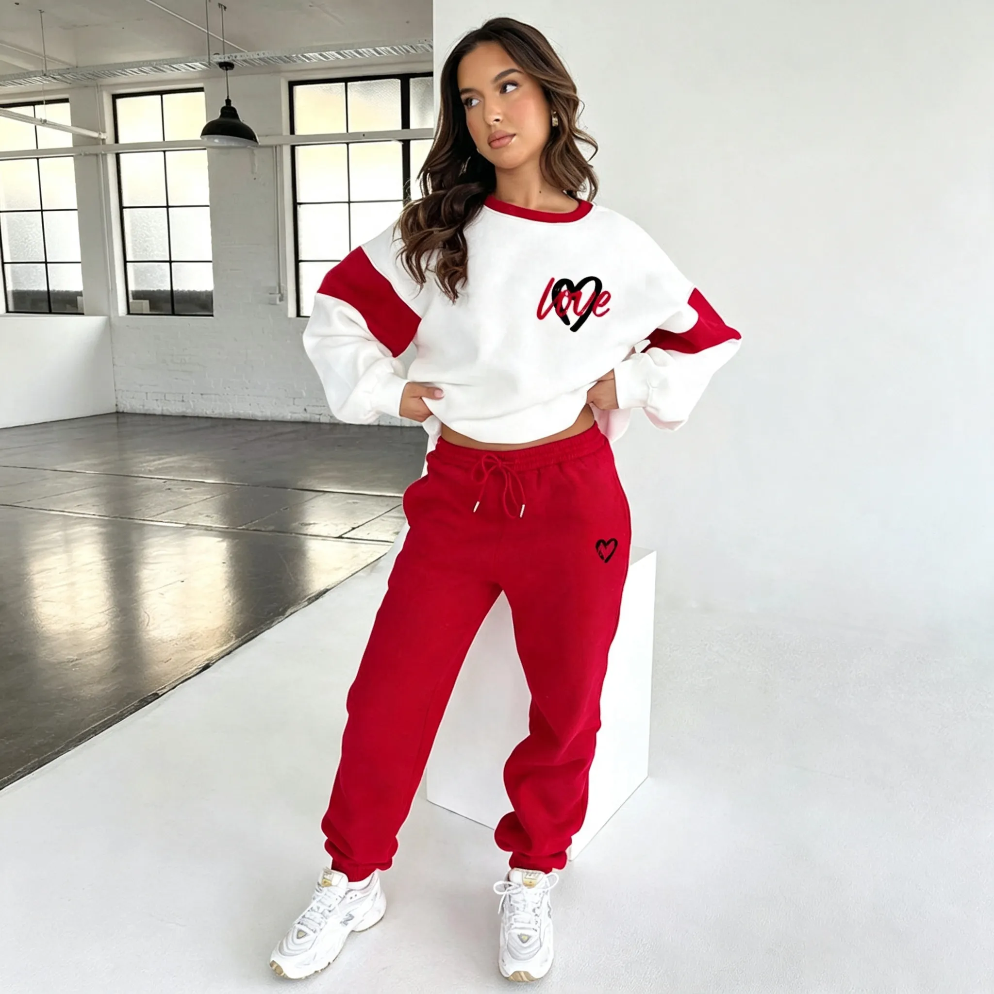 Women Fasion Casual Autumn And Winter Peach Heart Printed Color Matching Long-Sleeve Sweatshirt Pants Two-Piece Set