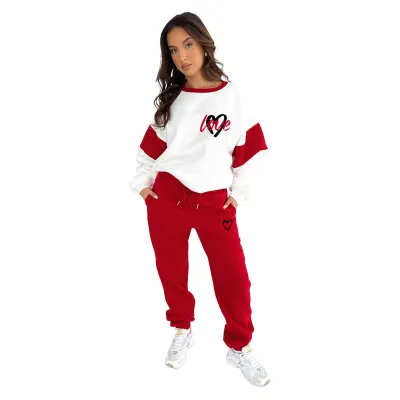 Women Fasion Casual Autumn And Winter Peach Heart Printed Color Matching Long-Sleeve Sweatshirt Pants Two-Piece Set