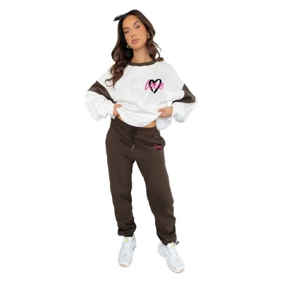 Women Fasion Casual Autumn And Winter Peach Heart Printed Color Matching Long-Sleeve Sweatshirt Pants Two-Piece Set