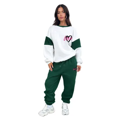 Women Fasion Casual Autumn And Winter Peach Heart Printed Color Matching Long-Sleeve Sweatshirt Pants Two-Piece Set