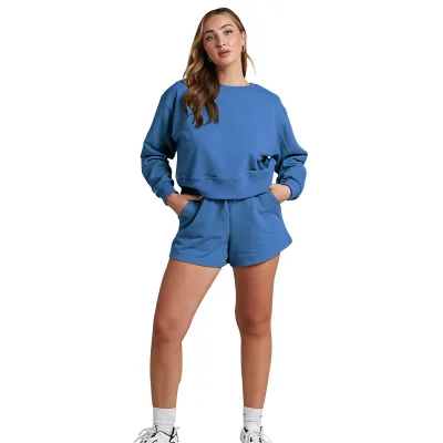 Women Fashion Casual Autumn Solid Color Long Sleeve Sweatshirt Loose Shorts Two-Piece Set