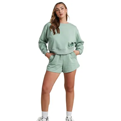 Women Fashion Casual Autumn Solid Color Long Sleeve Sweatshirt Loose Shorts Two-Piece Set