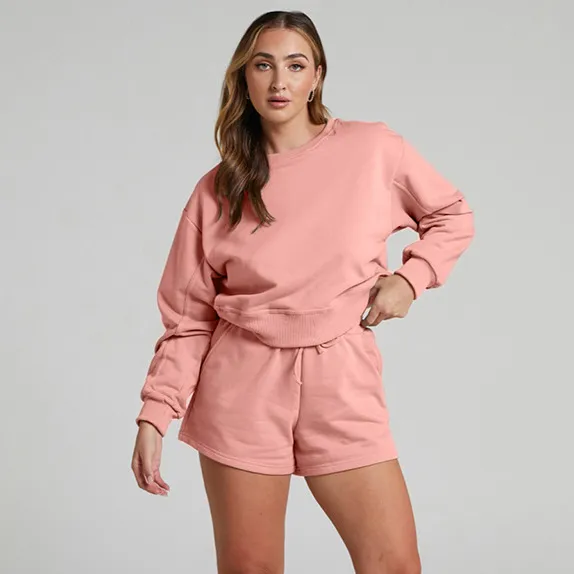 Women Fashion Casual Autumn Solid Color Long Sleeve Sweatshirt Loose Shorts Two-Piece Set