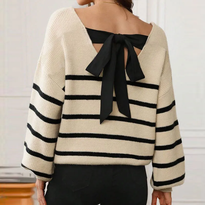 Autumn And Winter Women Fashion Casual Stripe Backless Bow Lace-Up Knitted Sweater