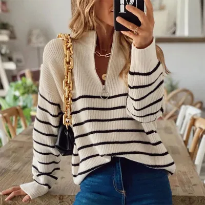 Autumn And Winter Women Casual Stripe Zipper Knitted Sweater