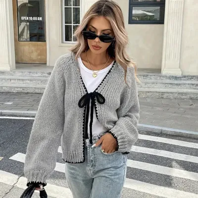 Autumn And Winter Women Fashion Style Lace-Up Knitted Cardigan Sweater