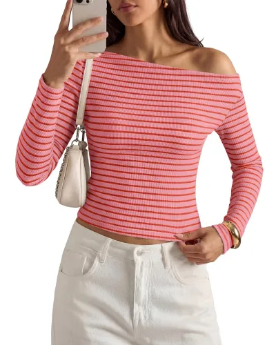 Autumn Women Fashion Casual Stripe Slant Collar Long Sleeve T-Shirt