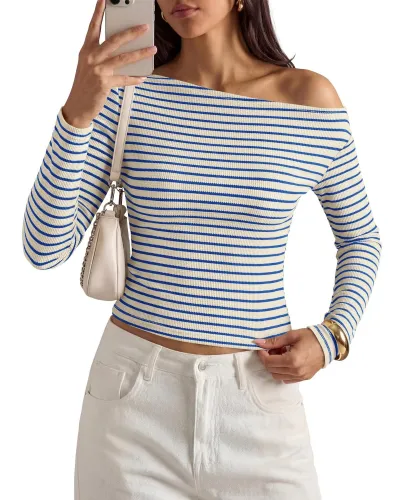 Autumn Women Fashion Casual Stripe Slant Collar Long Sleeve T-Shirt
