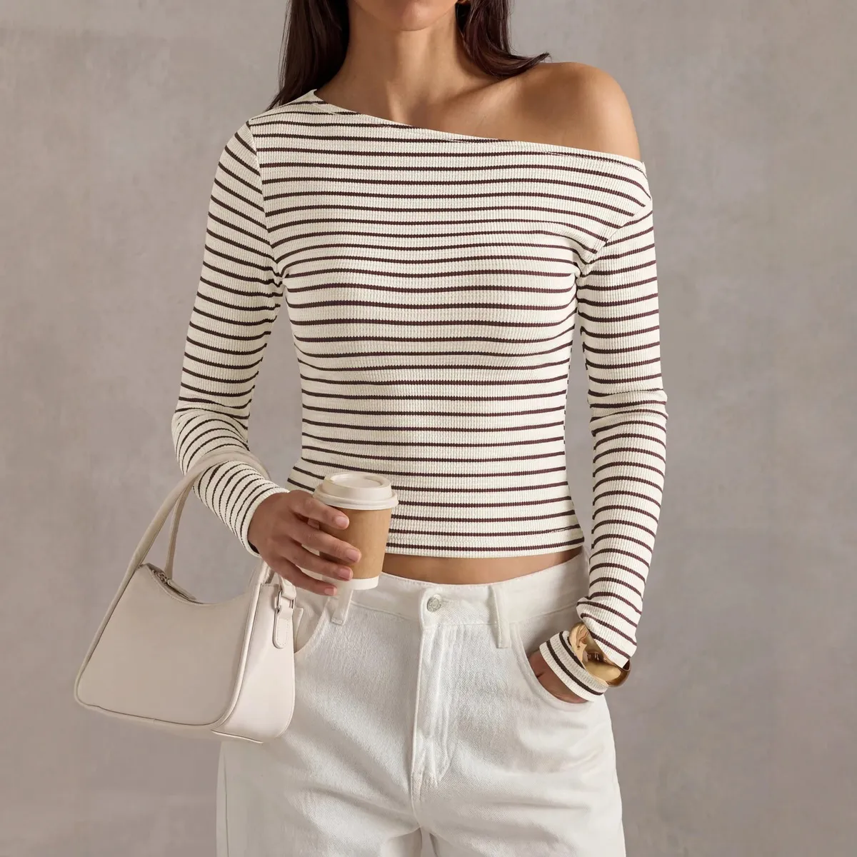 Autumn Women Fashion Casual Stripe Slant Collar Long Sleeve T-Shirt