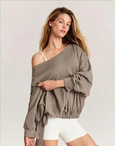 Autumn Women Casual Loose Solid Color Crossover Long Sleeve Sweatshirt