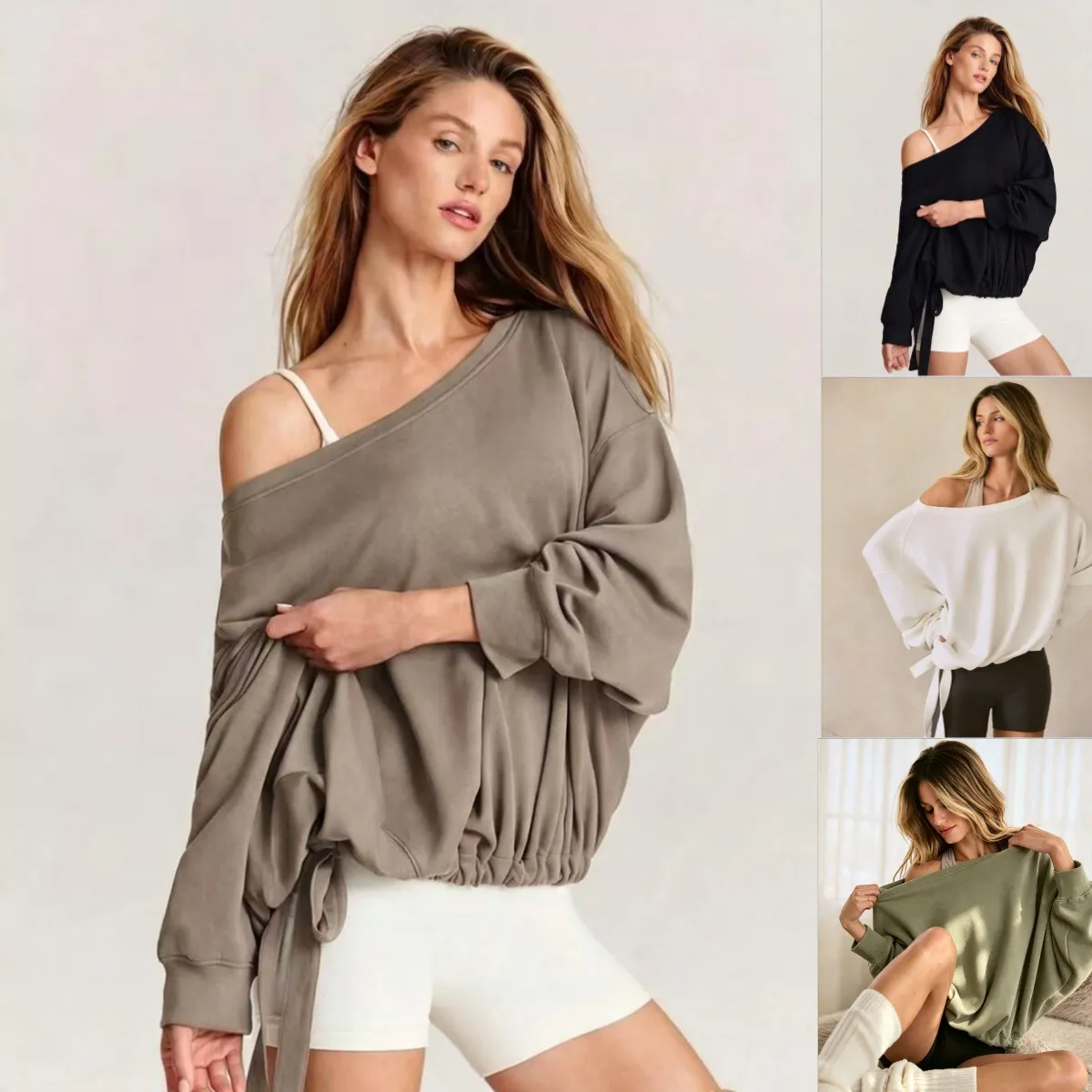 Autumn Women Casual Loose Solid Color Crossover Long Sleeve Sweatshirt