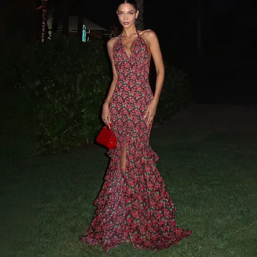 Women Fashion Sexy Elegant Summer Flower Printed Halter-Neck Backless Multi-Layer Swing Dress