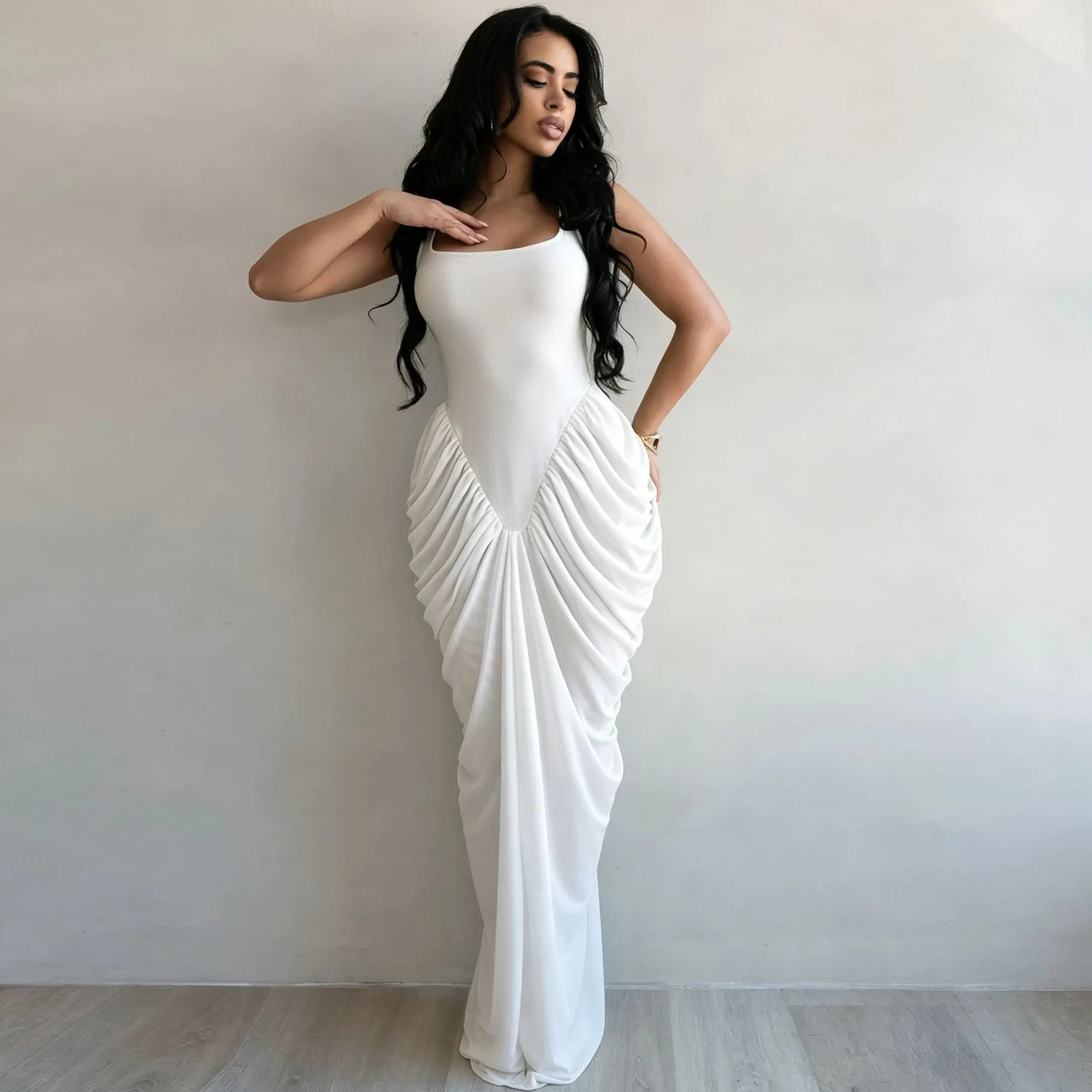 Women Fashion Sexy Solid Color Chiffon Pleated Sleeveless Dress