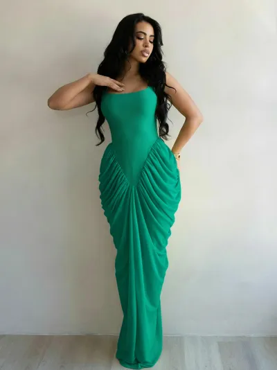 Women Fashion Sexy Solid Color Chiffon Pleated Sleeveless Dress