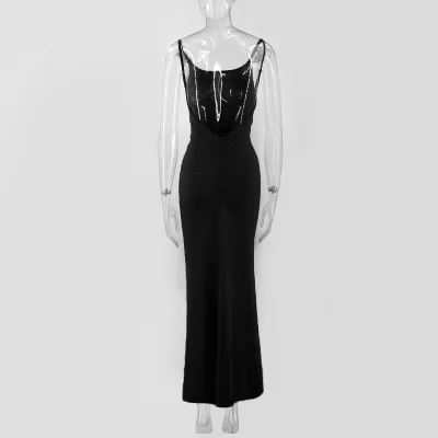 Women'S Fashion Sexy Elegant Solid Color Spaghetti Strap Backless Slim-Fit Long Dress