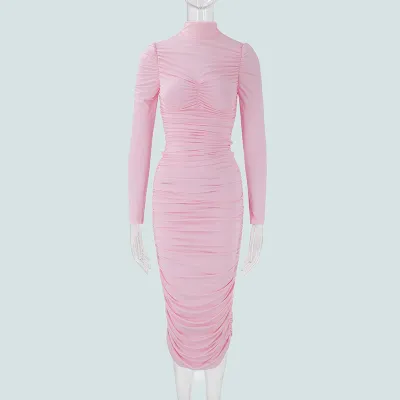 Women Fashion Elegant Autumn Solid Color Vertical Collar Long-Sleeve Waisted Slim-Fit Dress