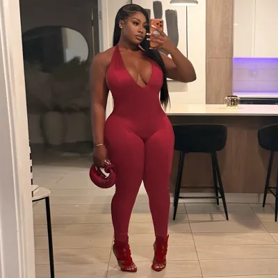 Women Fashion Sexy Leopard Printed Halter-Neck V-Neck Backless Tight Jumpsuit