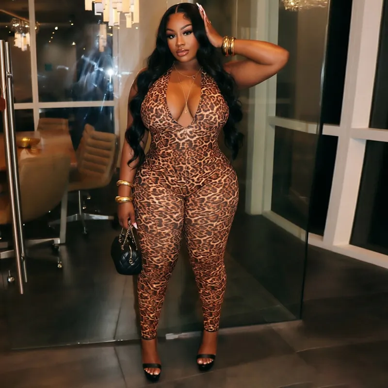 Women Fashion Sexy Leopard Printed Halter-Neck V-Neck Backless Tight Jumpsuit