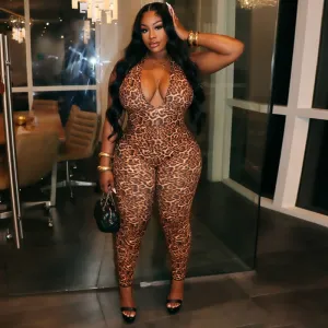 Women Fashion Sexy Leopard Printed Halter-Neck V-Neck Backless Tight Jumpsuit