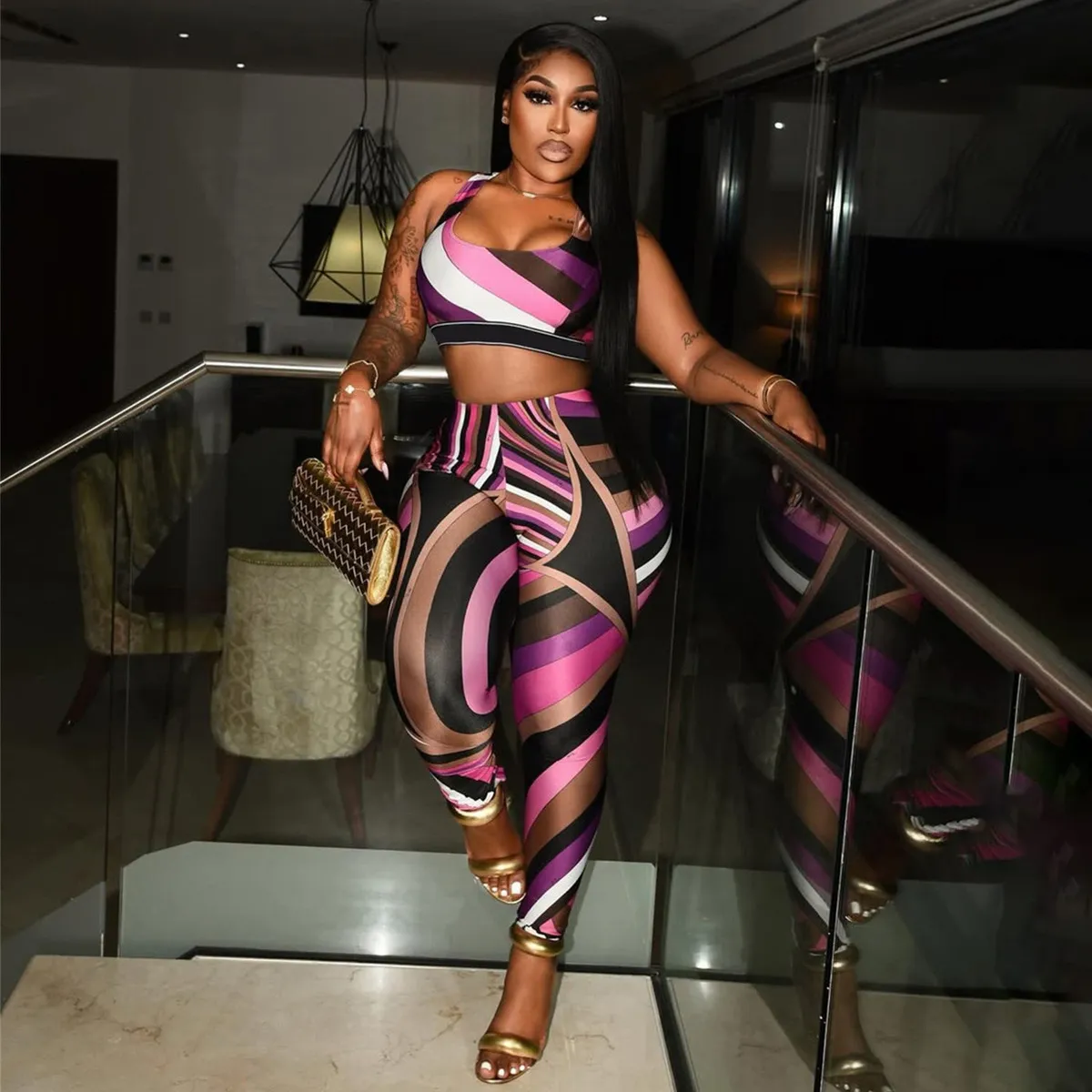 Women Fashion Sexy Contrast Color Print Tank Top Tight Pants Two-Piece Set