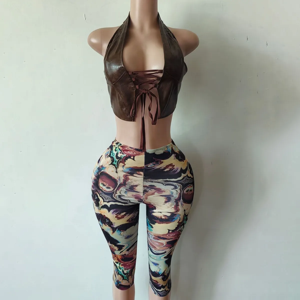 Women Fashion Sexy Abstract Printed Halter-Neck Crop Top Tight Pants Two-Piece Set