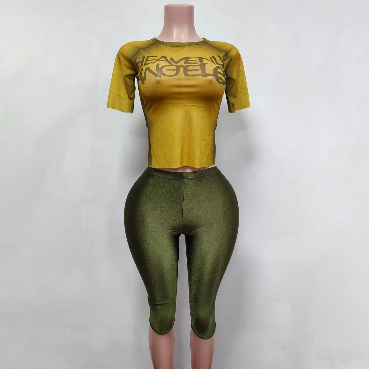 Women Fashion Casual Mesh Letter Printing Short-Sleeve T-Shirt Tight Pants Two-Piece Set