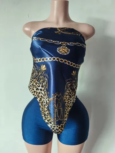 Women Fashion Sexy Printed Tube Top Tight Shorts Two-Piece Set