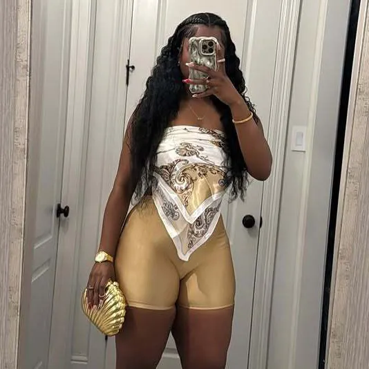 Women Fashion Sexy Printed Tube Top Tight Shorts Two-Piece Set
