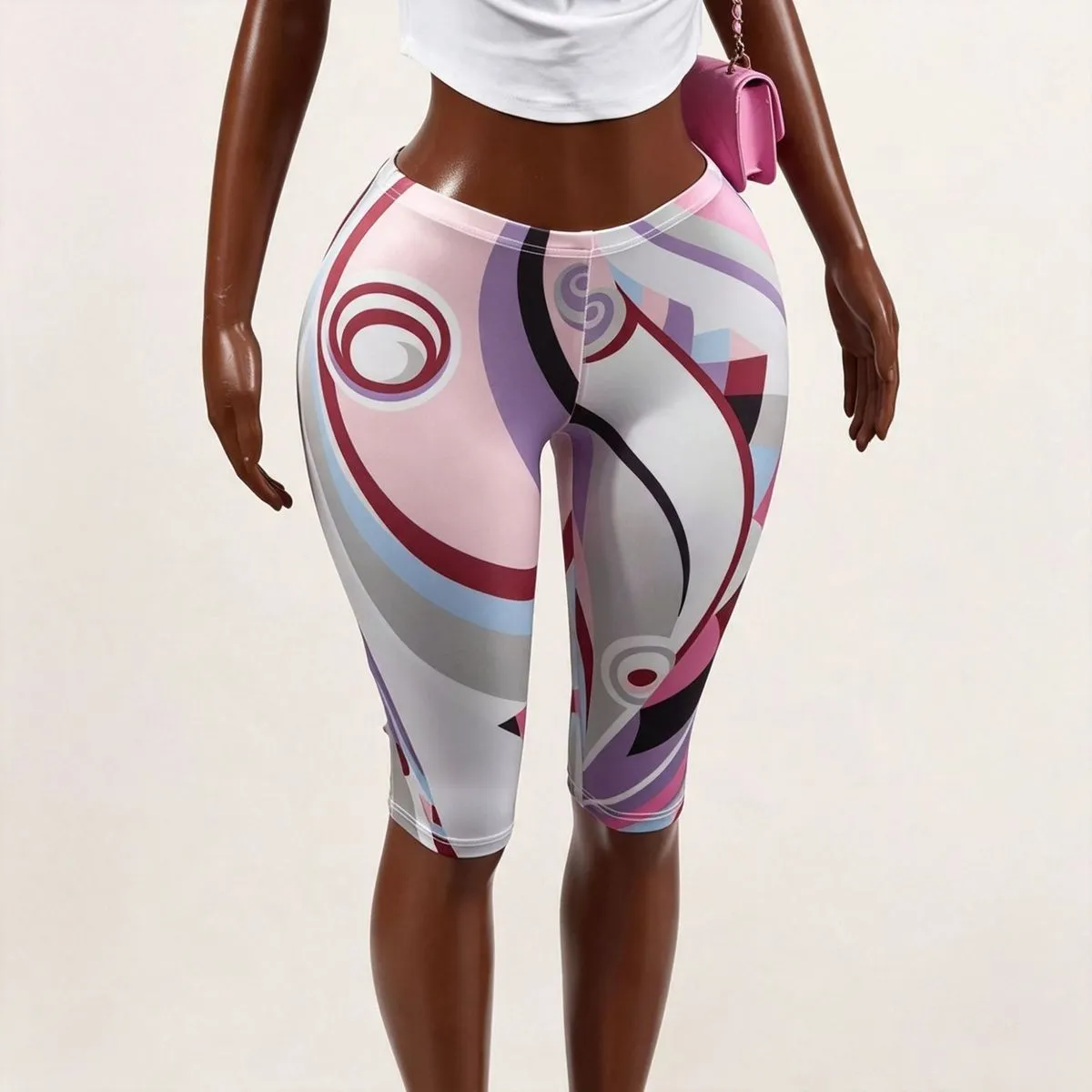 Women Fashion Abstract Printed Tight High Elastic Capri Pants