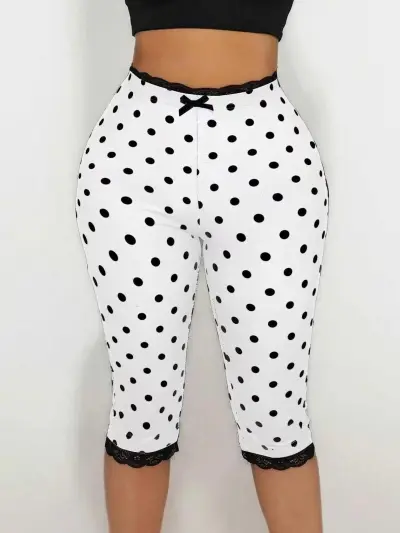 Women Fashion Casual Polka Dot Print Lace Slim-Fit Capri Pants