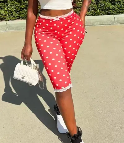 Women Fashion Casual Polka Dot Print Lace Slim-Fit Capri Pants