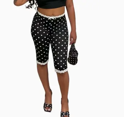 Women Fashion Casual Polka Dot Print Lace Slim-Fit Capri Pants