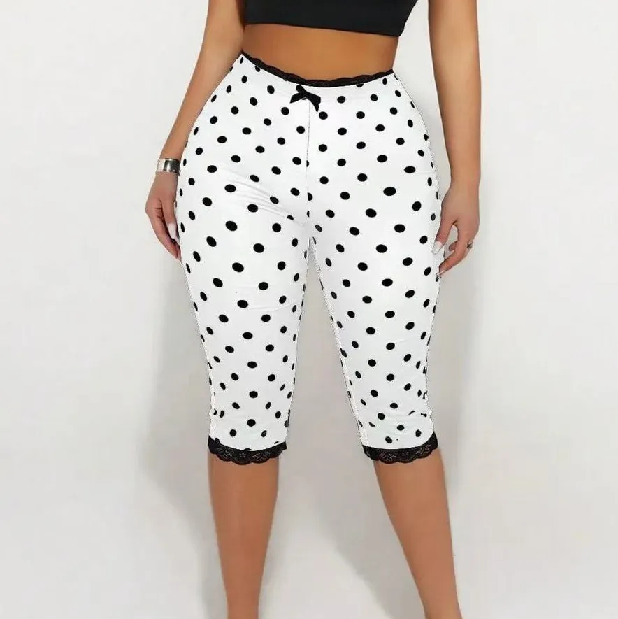Women Fashion Casual Polka Dot Print Lace Slim-Fit Capri Pants