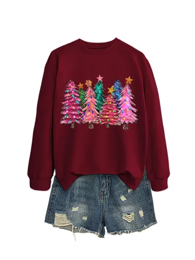 Christmas Women Fashion Casual Autumn And Winter Tree Printed Long-Sleeve Sweatshirt