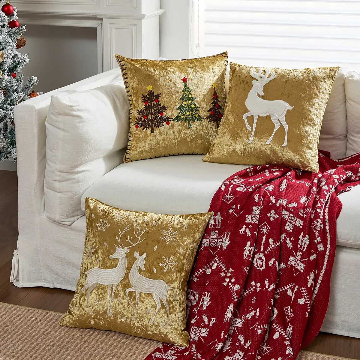 Christmas Cartoon Gold Snowflake Tree Embroidery Christmas Holiday Decoration Pillow Case