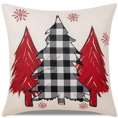 Christmas Red Plaid Elk Snowflake Christmas Tree Printed Home Pillow Cover