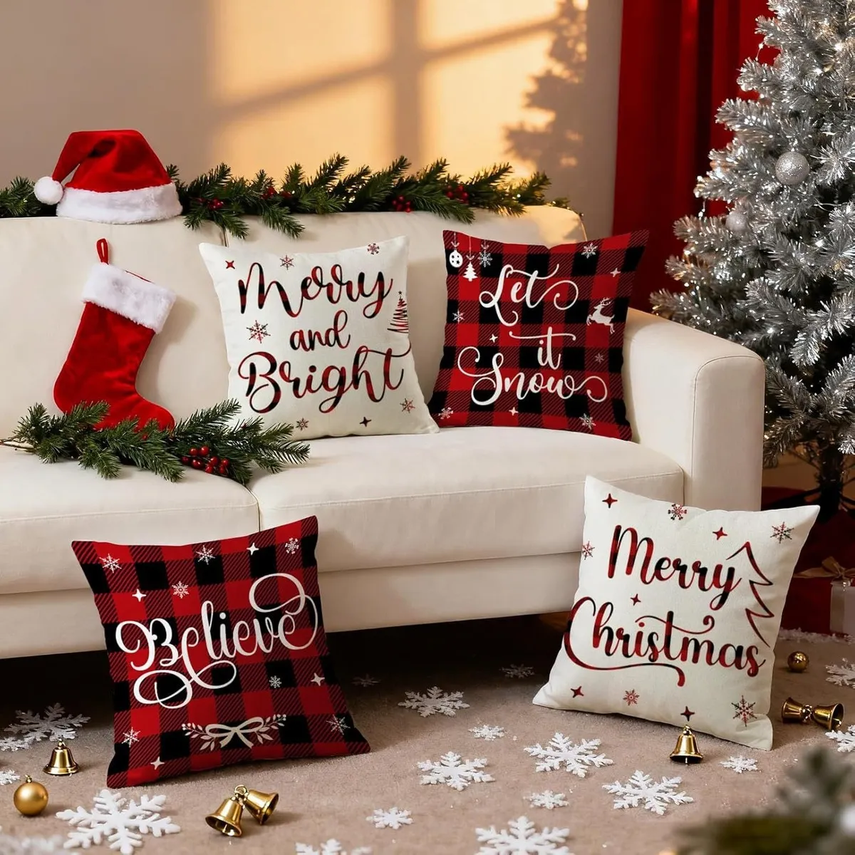 Christmas Red Plaid Elk Snowflake Christmas Tree Printed Home Pillow Cover