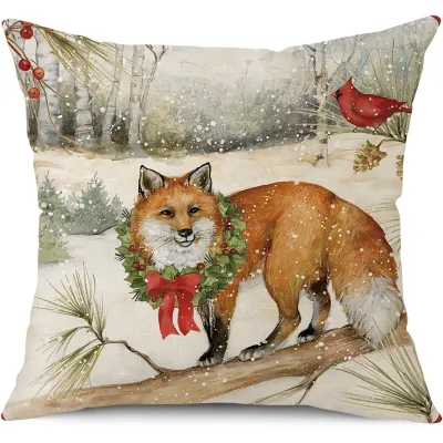 Christmas Linen Linen Elk Rabbit Fox Pattern Print Pillow Case