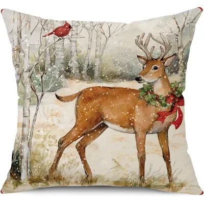 Christmas Linen Linen Elk Rabbit Fox Pattern Print Pillow Case
