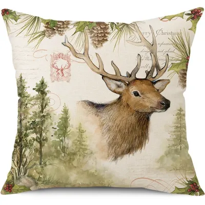 Christmas Linen Linen Elk Rabbit Fox Pattern Print Pillow Case