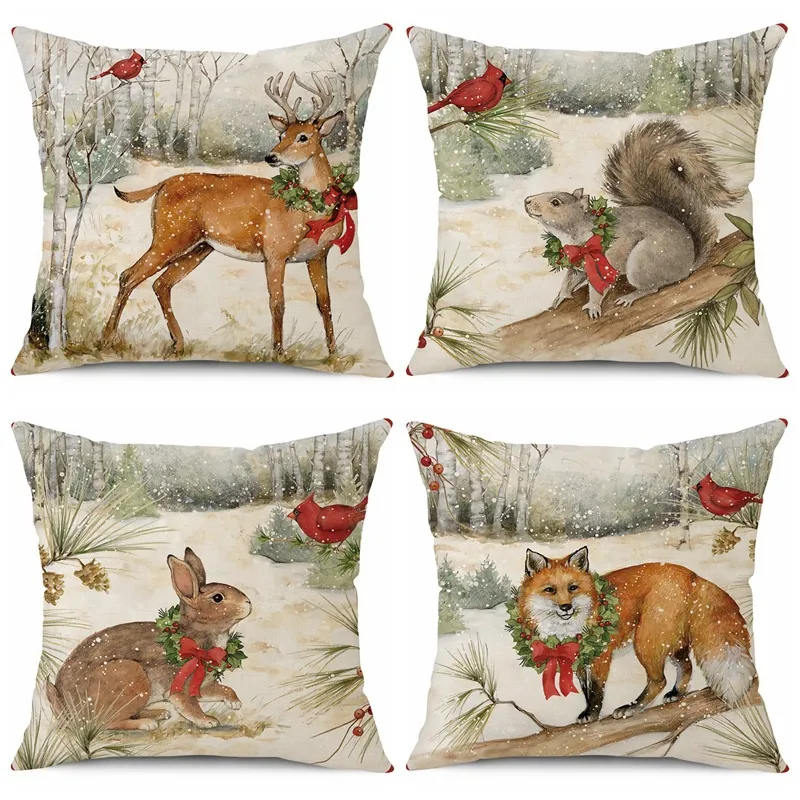 Christmas Linen Linen Elk Rabbit Fox Pattern Print Pillow Case