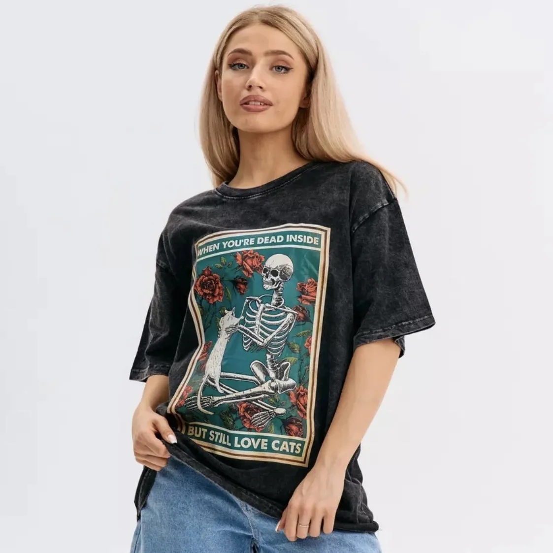 Halloween Women Fashion Casual Cartoon Washed Skull Head Graphic Cat Print Short-Sleeve T-Shirt