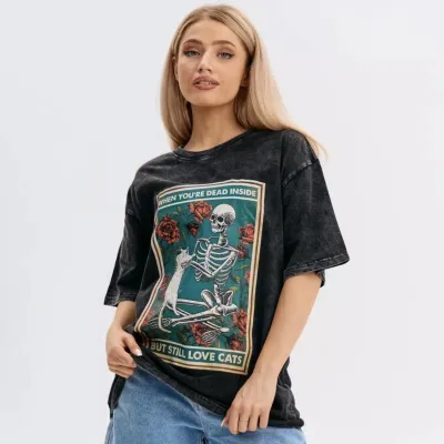Halloween Women Fashion Casual Cartoon Washed Skull Head Graphic Cat Print Short-Sleeve T-Shirt